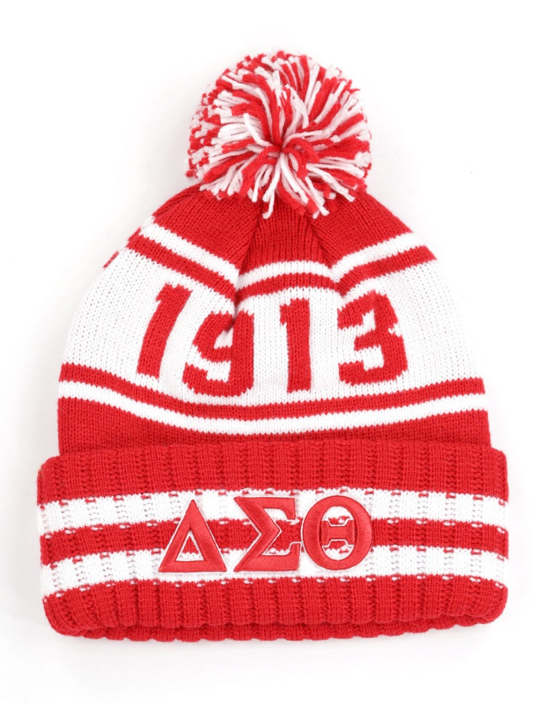 Delta Sigma Theta 1913 Fortitude Greek Beanie Hat Toboggan Winter Knit Red and White