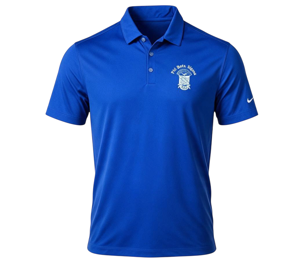 The Yard Collective blue moisture-wicking golf polo with Phi Beta Sigma crest and Nike Swoosh on the sleeve.