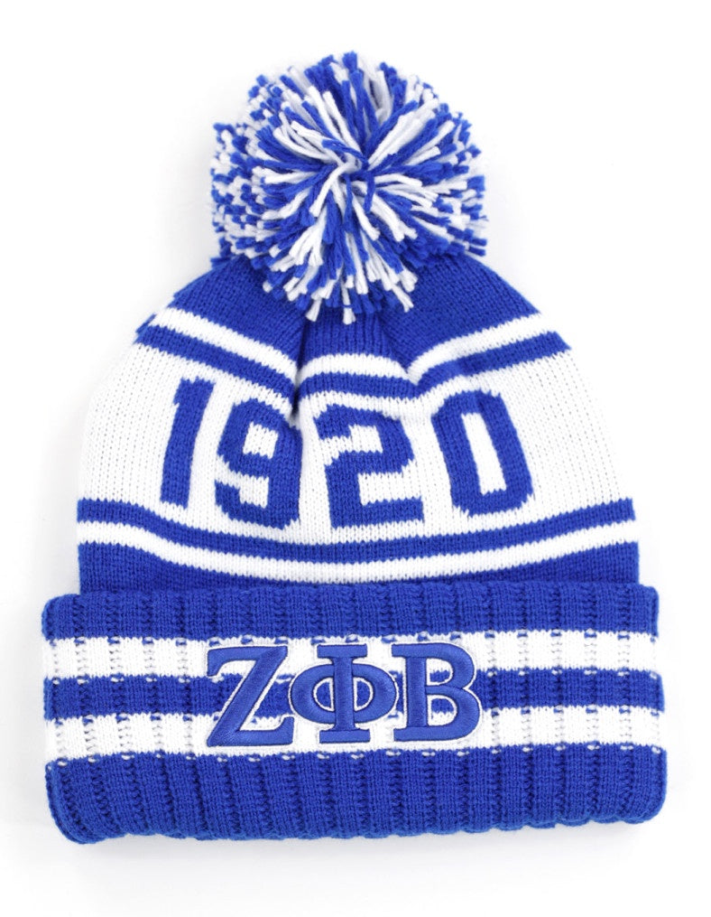 Zeta Phi Beta 1920 Z PHI B Beanie Hat Toboggan Winter Knit Blue and White